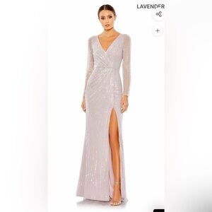 NWT Mac Duggal Lavender Sequin Long Sleeve Faux Wrap Gown